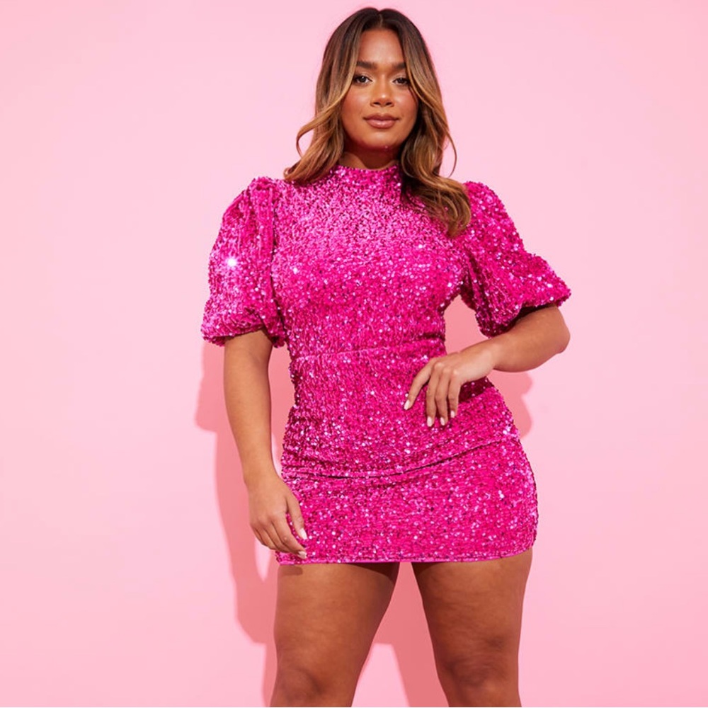 Pink Velvet Sequin High Neck Open Back Dress-Plus Size (PERFECT FOR ERAS TOUR!)